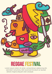 abstract faces of dreadlock rasta man smooking weed, holding peace flag and playing guitar concept. abstract prehistoric images reggae festival template poster vector illustration.