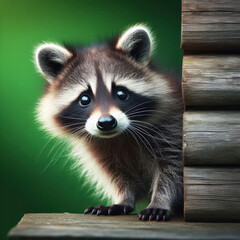 Surprised raccoon cautiously peeks around a corner against a green background