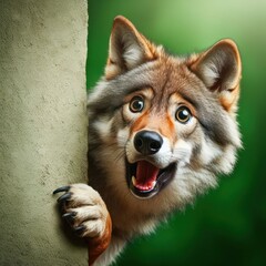 Surprised wolf cautiously peeks around a corner against a green background