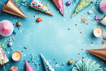 b'Colorful party hats and decorations on a blue background' - obrazy, fototapety, plakaty