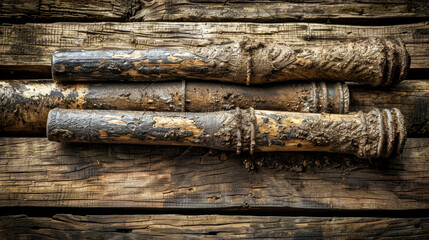 Three old wooden sticks are covered in dirt and grime. The sticks are placed on a wooden surface, and the overall mood of the image is one of decay and neglect - obrazy, fototapety, plakaty