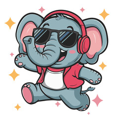 Cute Funny Elephant Cartoon Characters Wearing Glasses and Headset Isolated Vector Illustration (EPS 10)