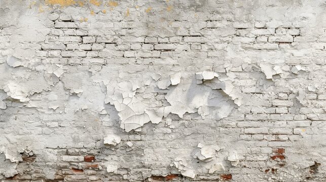 b'weathered white brick wall with peeling paint'