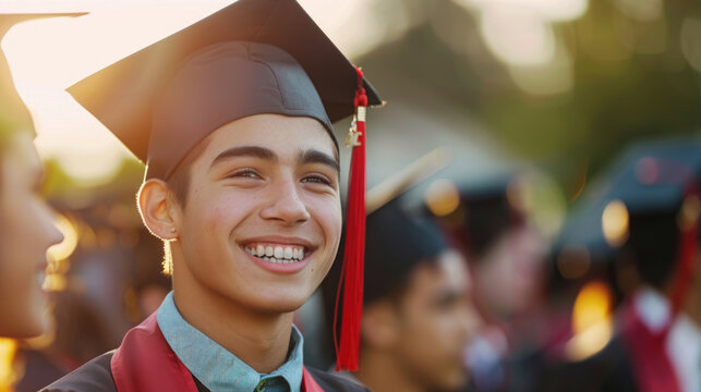 A young man standing proudly while wearing a graduation cap and gown, celebrating his academic achievement - Powered by Adobe