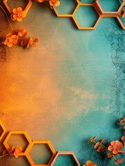 Hexagon patterns overlay a vintage, textured background with orange and teal hues.