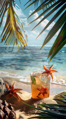  tropical beach scene with a potted plant, seashells, starfish, and the ocean under a blue sky.