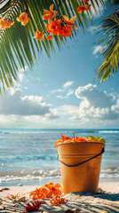  tropical beach scene with a potted plant, seashells, starfish, and the ocean under a blue sky.