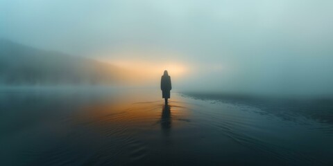 b'A Solitary Figure Stands in the Center of a Misty Lake' - obrazy, fototapety, plakaty