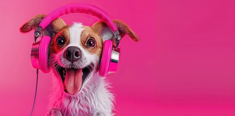 Relaxed dog with retro cassette tape headphones. 3D illustration in sunset background.