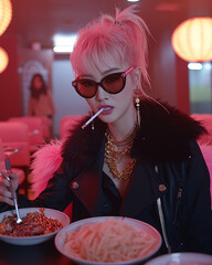person with pink hair, eating in a red-lit room.