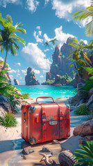 suitcase on a tropical beach, symbolizing travel and adventure