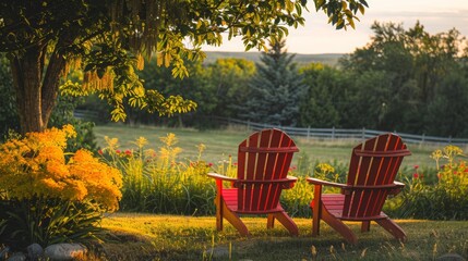 Red Adirondack Chairs in Golden Sunset Light