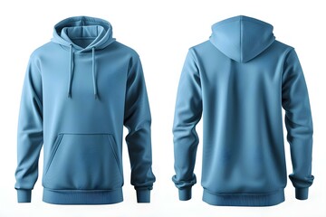 Blue hoodie mockup on white background showcasing front and back views. Concept Product Mockup, Clothing Design, Blue Hoodie, White Background, Front and Back Views