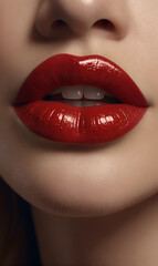 Fototapeta premium A girl's face, lips painted with bright red lipstick.