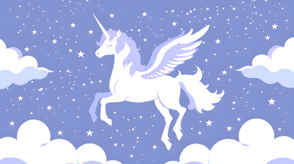Fototapeta na wymiar Cartoon unicorn silhouette with stars on blue background . Magic wallpaper with Pegasus 