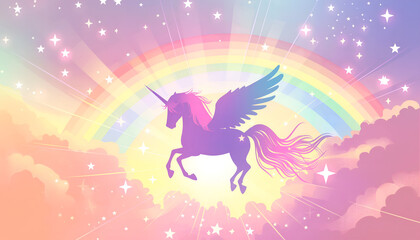 unicorn silhouette with stars and rainbow background . Magic wallpaper  with Pegasus
