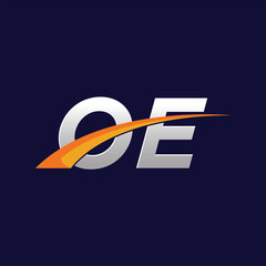 Initial letters OE vector illustrations designs with overlapping orange swoosh vector for company logo on dark blue background.
