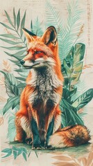 Naklejka premium Wallpaper Fox fox wildlife drawing.