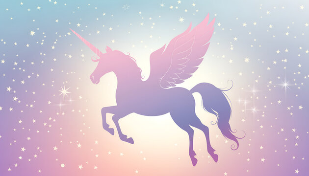 unicorn silhouette with stars  background . Magic pastel wallpaper with pegasus
