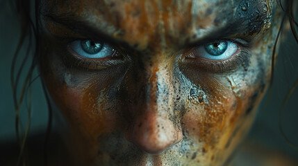 Naklejka premium Angry look of a woman with blue eyes and angry expression 