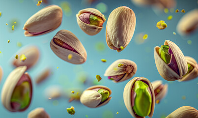 Realistic pistachio nuts falling in explosion splash for snack package or advertising poster. Whole pistachio nuts falling in motion in macro closeup for food product ad banner background