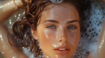 Cenital view of a young pretty woman having a bath and cleaning her hair 