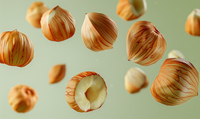 Realistic hazelnut nuts falling in explosion splash for snack package or advertising poster. Macro closeup hazelnut nuts falling in motion for food product ad banner background