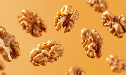 Walnut nuts falling explosion splash in realistic closeup shot, background for advertising banner or poster. Whole walnut nuts falling explode in macro close up for nuts food product ad poster