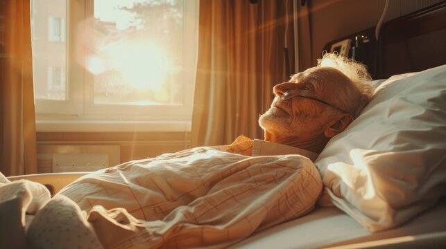 An elderly man in bed in close-up. Elderly care, hospice care. Long-term care for the elderly, rehabilitation