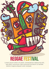 monster of sound concept. soundsystem with face in tropical island. abstract prehistoric images reggae festival template poster vector illustration.