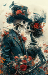 A Gothic romance image featuring two elegantly dressed skeletons surrounded by red roses, butterflies and floral elements, portraying a striking contrast between life and death, beauty and decay. 
