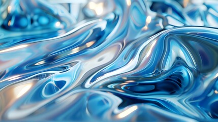 Fluid Dynamics in Vibrant Blue and Silver: A Stunning 3D Render of Abstract Metal Liquid in Motion