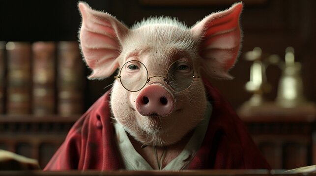 A piglet in a judges robe, looking seriously over the rim of tiny spectacles