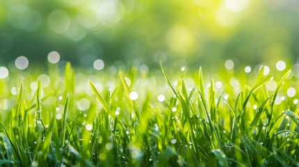 b'Close-up of green grass with dew drops in the morning sun' - obrazy, fototapety, plakaty