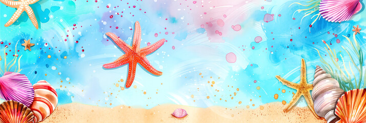 Beach with starfish, shell and sand against vibrant watercolor background banner. Panoramic web header. Wide screen wallpaper
