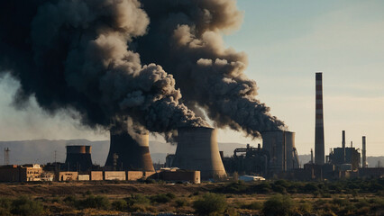 Thick black smoke billows from industrial chimneys and cooling towers of a power plant, depicting severe air pollution and environmental degradation.