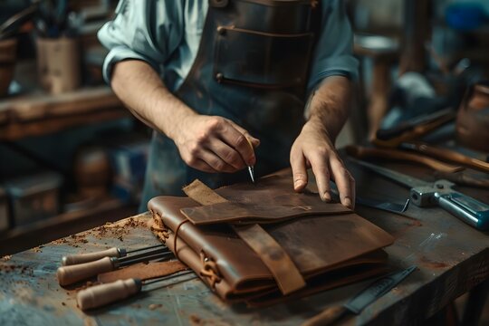 Artisan creating unique leather journal with tools and materials in creative process. Concept Leathercraft, Journal Making, Creative Process, Artisanal Skills