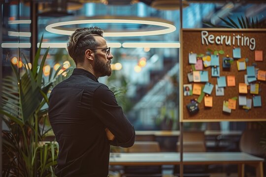 Recruitment concept image with a young man recruitment consultant manager in office next to a sign Recruiting