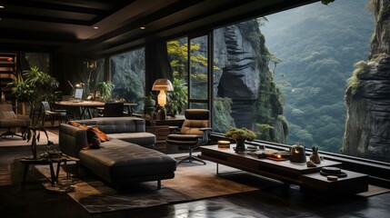 b'Modern living room interior with large windows and beautiful mountain view'