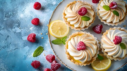 Assorted lemon tarts with meringue topped with raspberries and mint on a plate. Concept for...