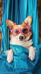 b'A cute dog wearing sunglasses is lying in a hammock'
