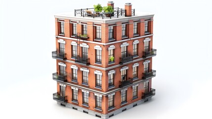 Intricate 3D Model of a Classic Brick Apartment Building with Vintage Windows and Rooftop Terrace