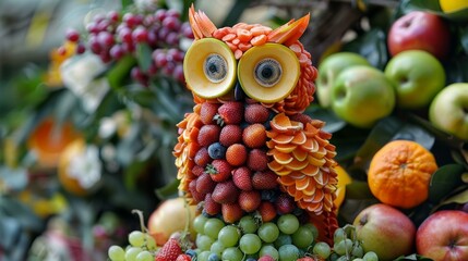 b'Amazing fruit owl sculpture made entirely of fresh fruits'