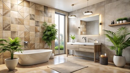 a bathroom with beige walls and plant in the center of the room, in the style of densely textured...