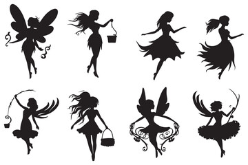 Set of silhouettes of fairies vector isolated on white background. Magical fairies in the cartoon style