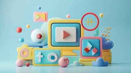 A 3D rendered illustration depicting a vibrant digital workspace, complete with whimsical icons and playful design elements against a pastel backdrop