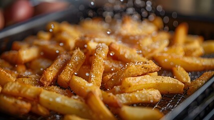 Potato fries are fried in a deep fryer. - obrazy, fototapety, plakaty