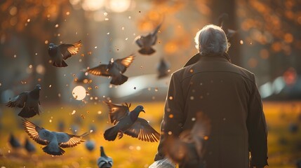 Senior man in spring park, pigeons flock around - Powered by Adobe
