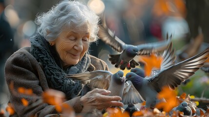 Senior Woman Feeds Pigeons In The Park