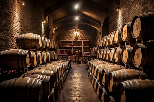 b'A wine cellar with oak barrels stacked in rows'